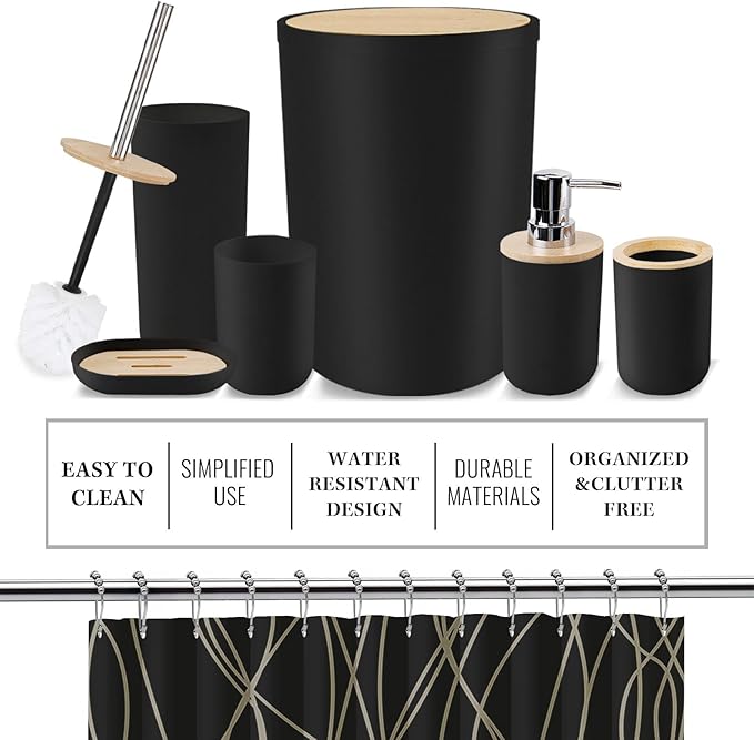 Britimes Bathroom Accessories Set, 19PC Black Shower Curtain Set with Trash Can, Soap Dispenser, Toilet Brush Holder, Toothbrush Holder and Toothbrush Cup for Bathroom Decor