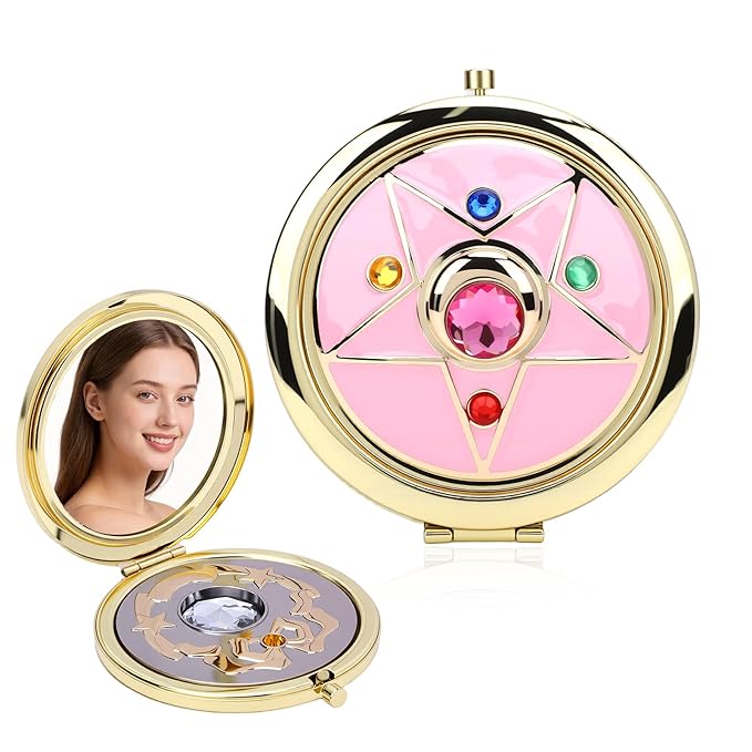 Anime Star Makeup Mirror, Cute Japanese Style Portable Folding Mirror with Crystal - 2.75 Inch Travel Purse Mirror, Unique Cosmetic Mirror & Cosplay Prop Gift for Women and Girls