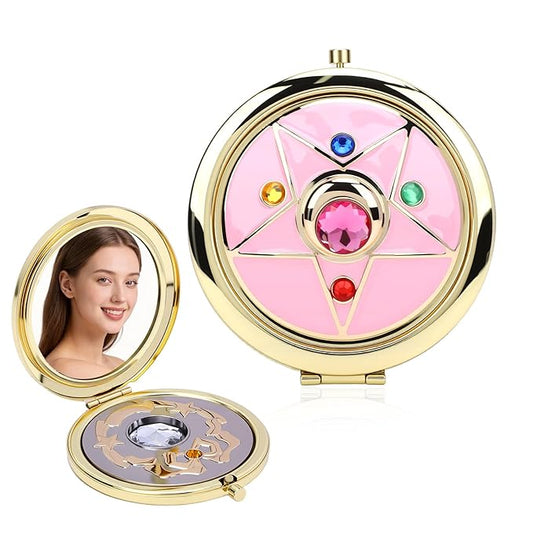 Anime Star Makeup Mirror, Cute Japanese Style Portable Folding Mirror with Crystal - 2.75 Inch Travel Purse Mirror, Unique Cosmetic Mirror & Cosplay Prop Gift for Women and Girls