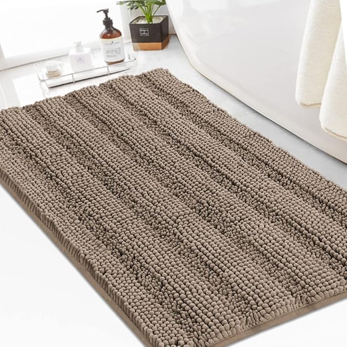 Turquoize Chenille Bath Rug - Shaggy Non Slip Mat for Bathroom - Extra Soft and Absorbent Area Rug, 24"x 36", Taupe Brown
