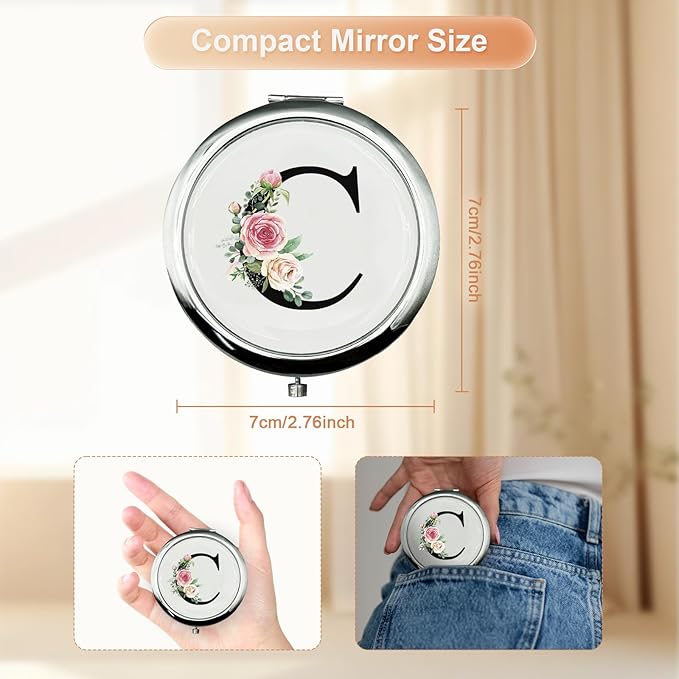JEKUGOT Monogram Compact Mirror, Personalized Gifts for Women and Girls, Small Pocket Mirror, Personalized Compact Mirrors for Girls, Sister, Wife, Mothers, Birthday Gifts - C