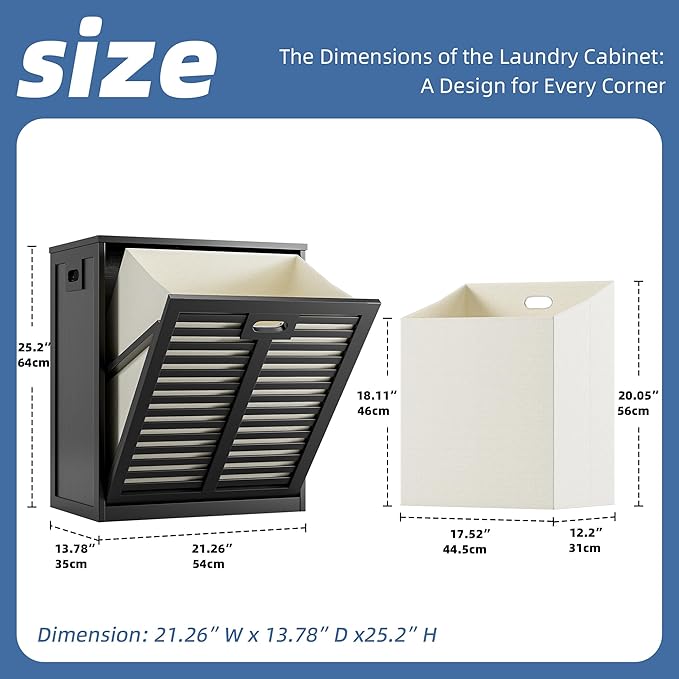 HITNET Tilt Out Laundry Hamper, Bamboo Laundry Cabinet with Pull Out Removable Bag, 20 Gal Clothes Basket with Metal Handle for Bathroom Kitchen, Black