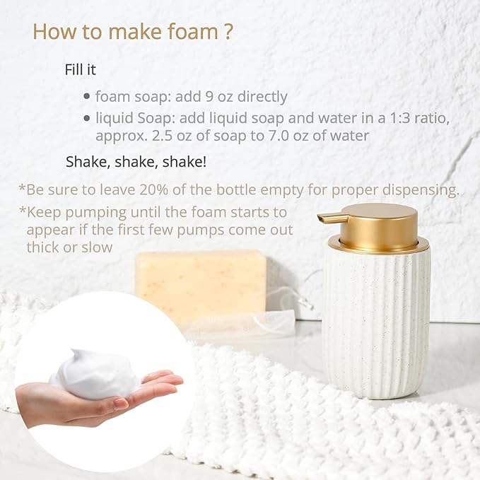 Speckled Matte White Ceramic Foam Soap Dispenser, 12 oz Refillable Pump with Golden Top, Elegant Foaming Dispenser for Bathroom or Kitchen, Speckled White