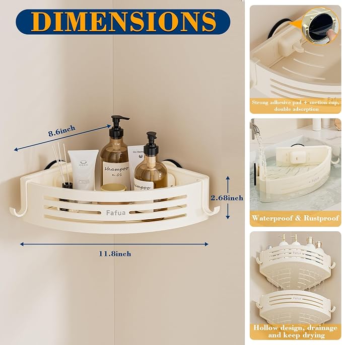 Corner Shower Caddy Suction Cup, No-Drilling Hanging Shower Caddy with Hooks, Waterproof & Rustproof Removable Shower Organizer for Bathroom Storage