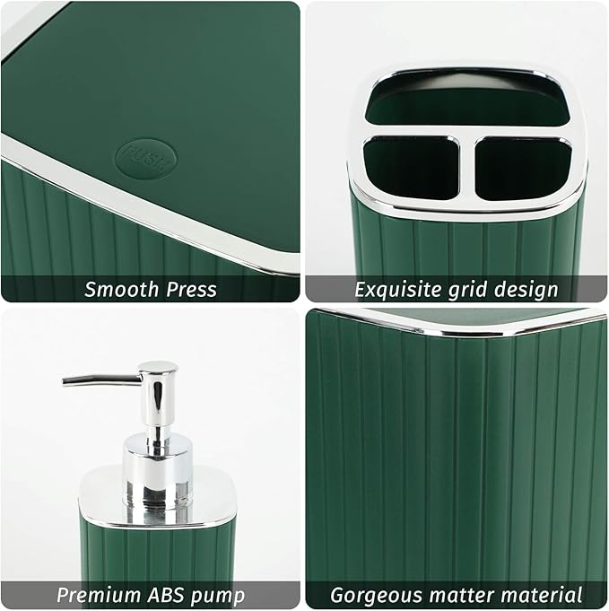 Bathroom Accessories Set - 20PCS Green&Silver Bathroom Set with Shower Curtain, Trash Can, Soap Dispenser, Soap Dish, Toilet Brush, Toothbrush Holder, Tumbler Cup, Q-tip Holders