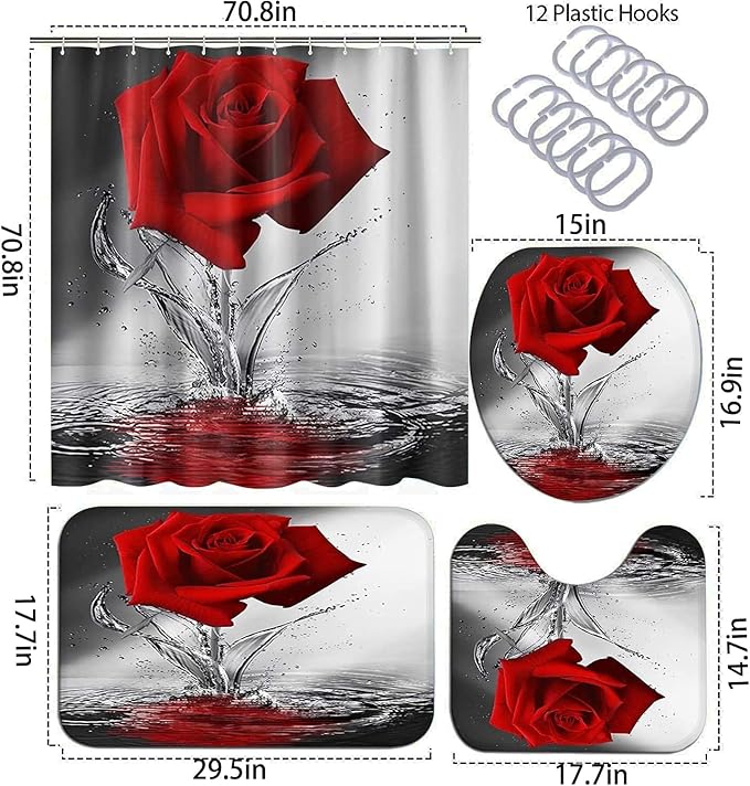 4Pcs Red Rose Shower Curtain Sets, Mother's Day Romantic Water Red Rose Bathroom Sets with Shower Curtain and Rugs Toilet Lid Cover Bath Mat, Waterproof Fabric Rose Gift Shower Curtains with Hooks