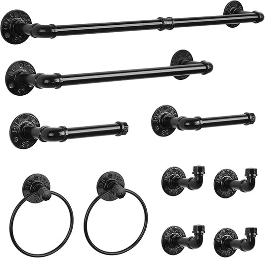 Industrial Bathroom Hardware Set 10 Pieces Bath Towel Bar Set Includes Round Towel Ring Hand Toilet Roll Holders for Wall 18 and 25 inch Towel Rack Robe Towel Hooks Black Bathroom Accessory Towel Kit