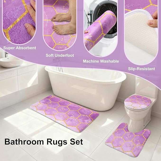 25 Pieces Bathroom Set Purple and Gold Bathroom Accessories Set, Shower Curtain and Rugs, Trash Can, Toilet Brush, Soap Dispenser, Soap Dish, Toothbrush Holder, Tumbler, Tray, Qtip Holder