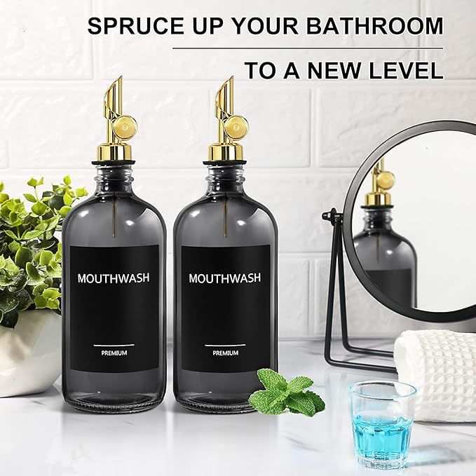 Mouthwash Dispenser for Bathroom, Glass Mouthwash Dispenser with Cup, Mouth Wash Container Bottle with Cup, Refillable Mouthwash Decanter, Clear Blear,17oz 2 Pack