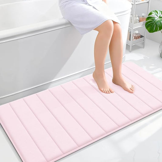 OLANLY Memory Foam Long Bathroom Rugs Runner 47x24, Super Soft Absorbent Bath Mat, Quick Dry, Machine Washable Shower Floor Rugs, Bathmat Carpet, Bathroom Home Decor Accessories, Pink