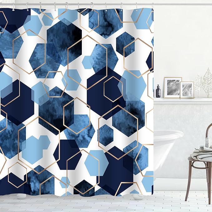 Muuyi 4Pcs Navy Blue Geometric Shower Curtain Set, Neutral Modern Art Deco Shower Curtain with Hooks, Elegant Trendy Simple Bathroom Sets with Shower Curtain and Rugs, 71 * 71in