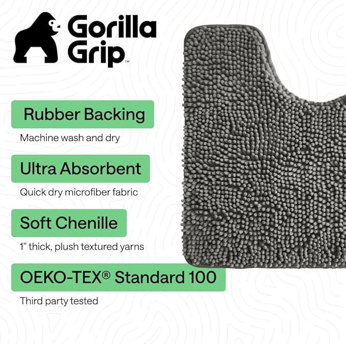 GORILLA GRIP Plush Absorbent Shaggy Chenille Bath Rug Mat for Oval Toilet Base with Rubber Backing, Machine Washable Rugs, Soft Microfiber Contour Mats for Toilets, Bathroom Decor, Charcoal