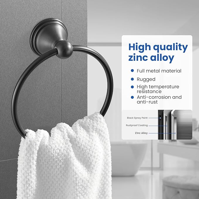 sagetta Matte Black Bathroom Hand Towel Holder Towel Ring 5.55-Inch Bath Towel Ring Diameter Wall Mount