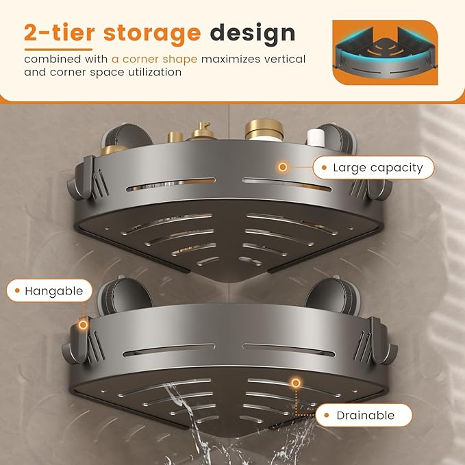 Corner Shower Caddy 2-Pack, Suction Cup Bathroom Shower Organizer with Hooks, No Drilling Rustproof Aluminum Floating Wall Shelf for Inside Shower, Gun Grey (Triangular)
