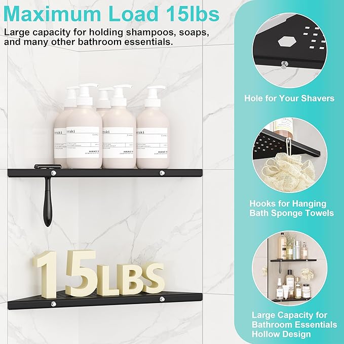 Qeke 10" Bathroom Corner Shelf, 2 Pack Recessed Shower Shelf Caddy, SUS304 Stainless Steel Shelf Wall Mount Triangular, No Drilling Matte Black