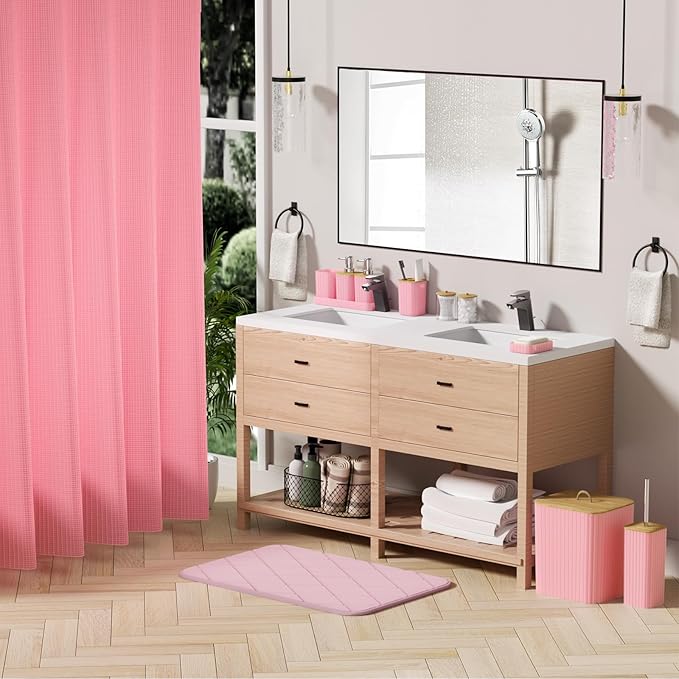 Bathroom Accessory Set - 25PC Bathroom Sets with Shower Curtain and Rugs, Pink Bathroom Set, Bathroom Accessories Set, Shower Curtain Sets with Rugs, Bathroom Trash Can & Soap Dispenser