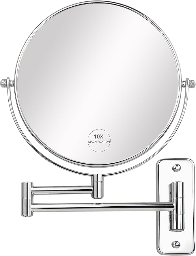 JANEEVA 8" Wall Mounted Makeup Mirror, 10X Magnifying Mirror with 360 Extendable Arm - Double Sided Vanity Mirror for Bathroom (Chrome)