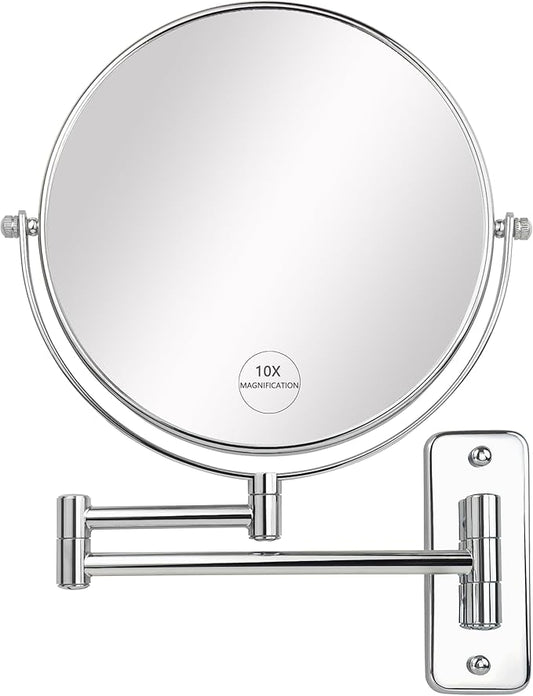 JANEEVA 8" Wall Mounted Makeup Mirror, 10X Magnifying Mirror with 360 Extendable Arm - Double Sided Vanity Mirror for Bathroom (Chrome)