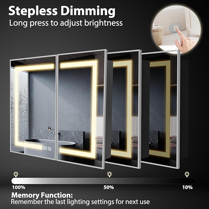 ROOMTEC Lighted Medicine Cabinet with Mirror 40"x32", Wall Mounted Bathroom Mirror with Storage, 2 Doors Bathroom Wall Cabinet with LED Lights,Silver