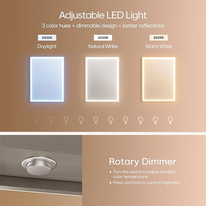 32x24 inch LED Lighted Medicine Cabinet with Mirror, Moisture-Resistant Wood, Stepless Dimmable, 3000K/5500K, Defogger, Adjustable Shelf, Flat-Pack Design – Assembly Required (Grey)