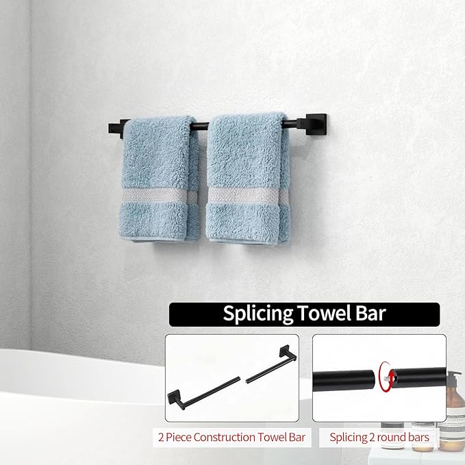 MKO Towel Bar for Bathroom, 24" Hand Towel Holder Rod with Metal, Black Towel Racks for Bathroom Hanger Wall Mounted for Home Essentials, 2 Pack