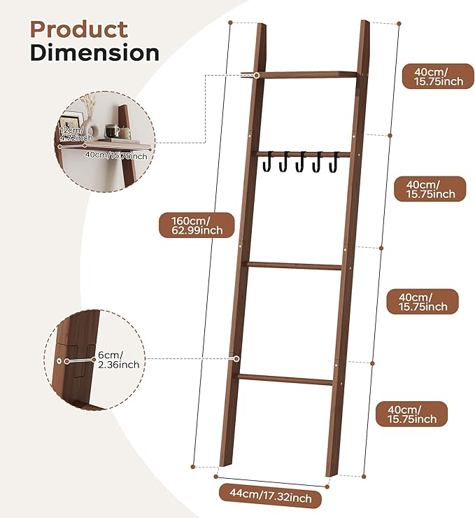63" Bamboo Blanket Ladder with Shelf and 5 Hooks, 4 Tier Leaning Blanket Rack, Farmhouse Towel Ladder Rack, Decorative Quilt Rack Holder for Living Room Bedroom Bathroom, Walnut
