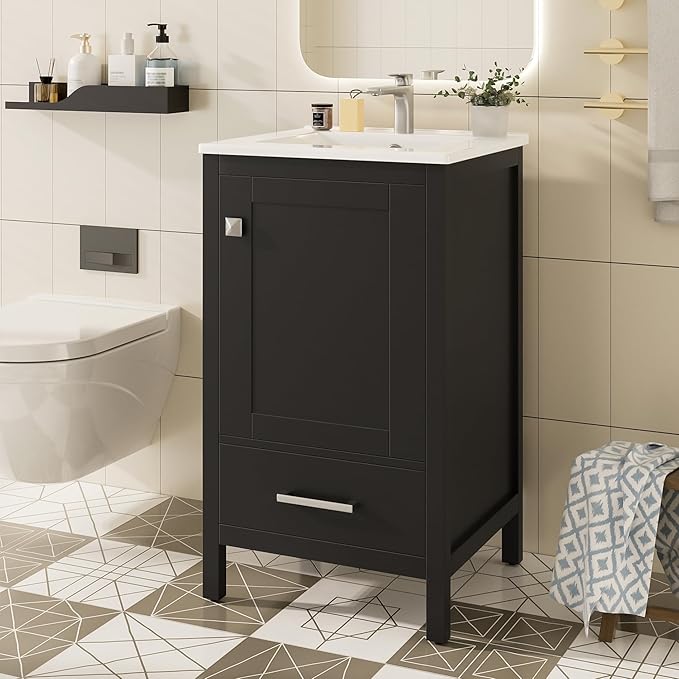 Virubi 20" Small Bathroom Vanity with Sink, Soft-Close Drawer and Door, Wood Modern Single Bathroom Sink Cabinet with Doors and Shelves, Adjustable Foot Pads, for Small Space (Black)