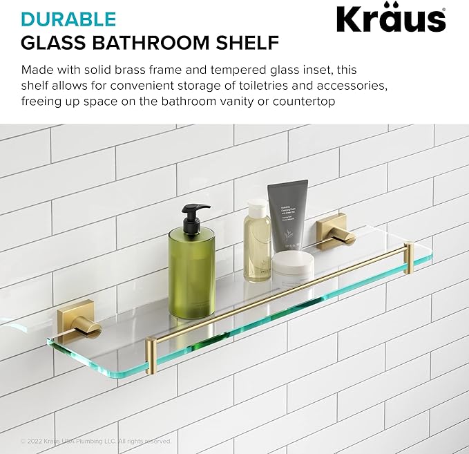 Kraus Ventus Glass Bathroom Shelf with Rail, Brushed Gold Finish, KEA-17745BG