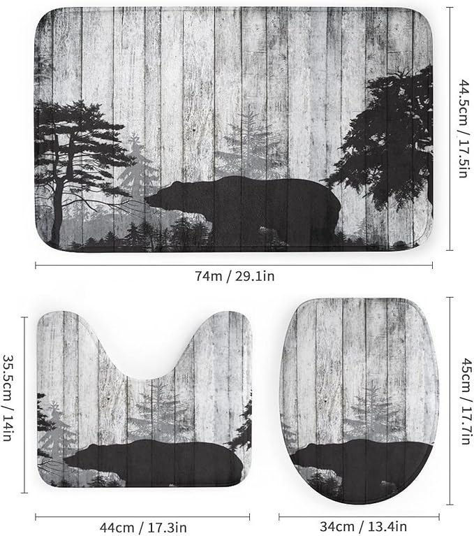 Rustic Black Bear 4 Piece Shower Curtain Sets, Non-Slip Rugs, Toilet Lid Cover and Bath Mat, Durable and Waterproof, for Bathroom Decor Set One Size