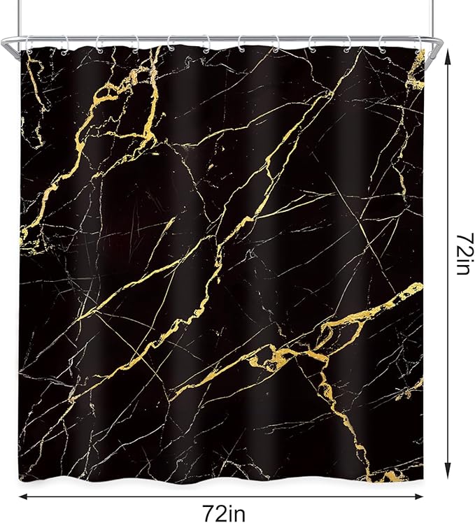 Newsely 4Pcs Black and Gold Marble Shower Curtain Set with Non-Slip Rugs, Toilet Lid Cover and Bath Mat, Abstract Crack Line Shower Curtain with 12 Hooks, Aesthetic Bath Curtain for Bathroom Decor