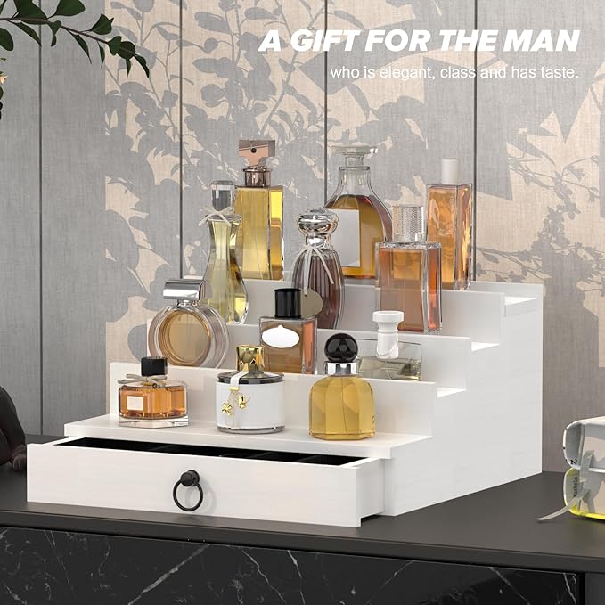 upcessory Cologne Organizer for Men, 4 Tier White Wood Perfume Organizer with Felt Lining Drawer and Hidden Compartment, Perfume Display Holder, A Gift for Men