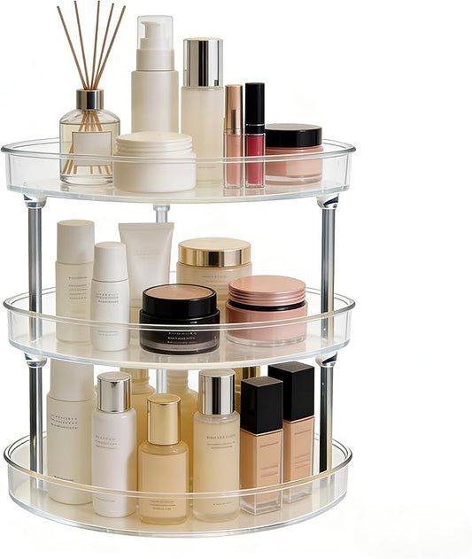 Rotating Makeup Organizer for Vanity Perfect Clear Round 3 Tier Perfume Skincare Cosmetic Stand Bathroom Countertop Storage 9.25"