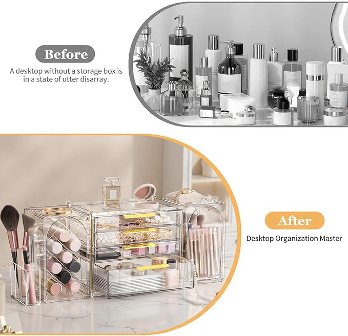 4-Tier Drawer Makeup Organizer, 3-in-1 Free Combination Cosmetic Storage with Lipstick Holder & Brush Rack, Skincare Organizer with Mini Tray for Vanity Bathroom Bedroom Dorm