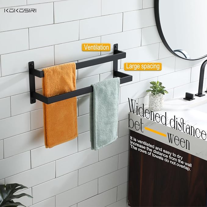 KOKOSIRI Towel Bars Black Bath Towel Holders 20 Inches Bathroom 2-Tiers Ladder Towel Rails Wall Mounted Towels Shelves Rack Stainless Steel, B5008BK-L20