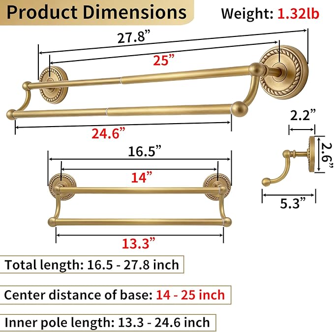 Double Towel Bar, Antique Brass Bathroom Towel Racks Wall Mounted, Adjustable Gold Towel Bar Fits 14-25 Inch Centers, Heavy Duty Rustproof Brass Towel Rod Holder for Bath