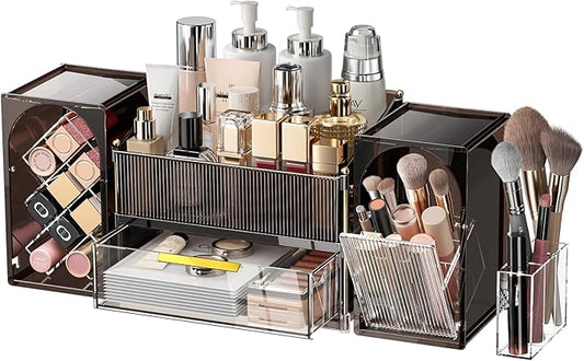 Seoneiro Makeup Organizer with Drawers, Cosmetic Storage for Dresser Countertop and Bathroom Vanity, Beauty Holder for Lipstick Brush Skincare Display case (Dark Brown + Transparent)