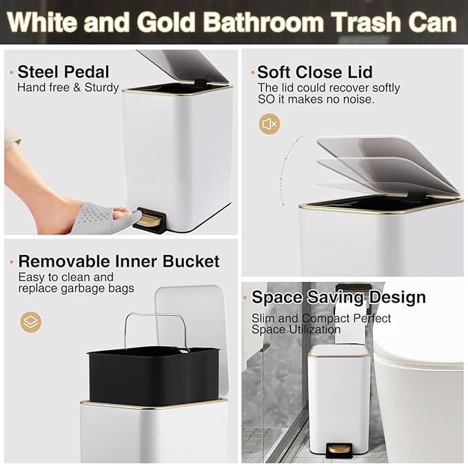 XLHOMO White Bathroom Accessories Set 8 Piece White and Gold Bathroom Set, Bathroom Sets with Stainless Steel Trash Can,Toilet Brush,Toothbrush Set,Soap Dispenser