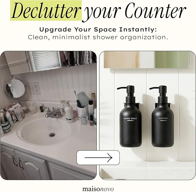 Shampoo and Conditioner Dispenser Wall Mounted Set of 2 Black - No Drill Shower Soap Dispenser for Bathroom Refillable - Spa Hotel Style Accessories by MaisoNovo
