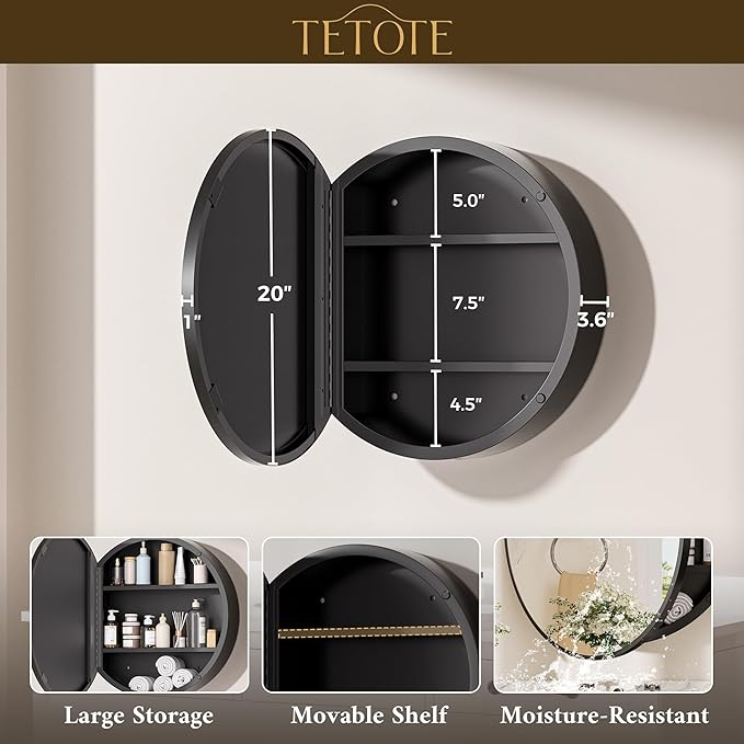 TETOTE 20 x 20 Inch Medicine Cabinet Mirror Black Framed Round Mirrored Medicine Cabinets for Bathroom Adjustable Shelves Modern Bathroom Mirror with Storage Wall Mounted