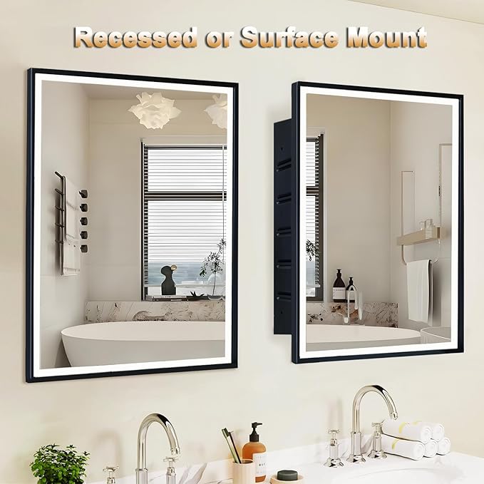 LED Lighted Medicine Cabinet with Mirror, Recessed or Wall Mounted Bathroom Mirror with Storage, Anti-Fog, 3-Color Dimming, Adjustable Shelves, Black Metal Frame - 16x24 inch