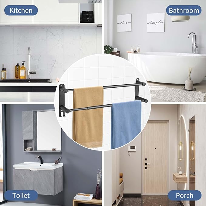 Double Towel Bar???adjustable16-28IN Matte Black Towel Racks for Bathroom, Stainless Steel Towel Holder,Suitable for Bathrooms and Kitchens