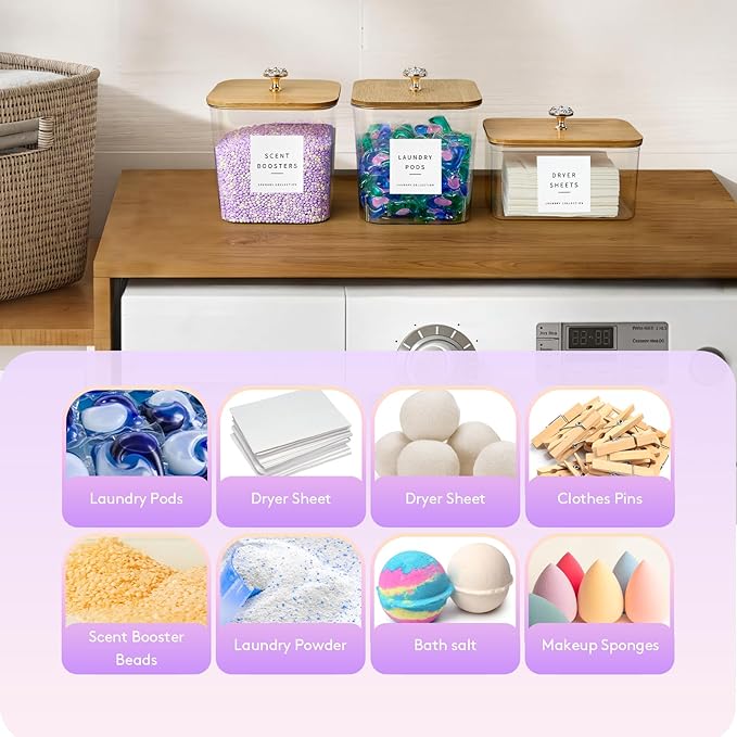 POLRAI 3 Pack Laundry Pod Containers and Dryer Sheet Holder, Laundry Room Organization Storage Containers with Lids and Labels for Laundry Detergent Laundry Pods Dry Sheet Organizing