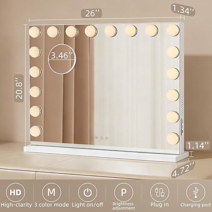 Large Vanity Mirror with Lights, 26"x20.87" Hollywood Mirror with 10X Magnification, 18 Dimmable LED Bulbs & 3 Color Lighting Modes Makeup Vanity Mirror for Desk Wall-Mounted