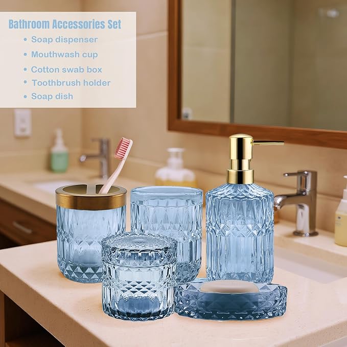 5Pcs Blue Bathroom Accessories Set, Glass Bathroom Accessories, Vintage Bathroom Countertop Decoration Includes Soap Dispenser, Toothbrush Holder, Qtip Holder,Soap Dish and Rinsing Cup