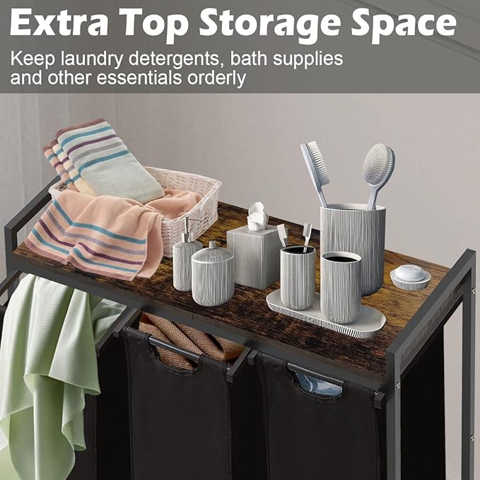 Large Laundry Hamper Sorter with 3 Removable & Pull-Out Sorting Bags, Wooden Top Shelf, Versatile Laundry Basket Organizer for Laundry Room, Bathroom, Dorm, 8 * 3 Gal, Black