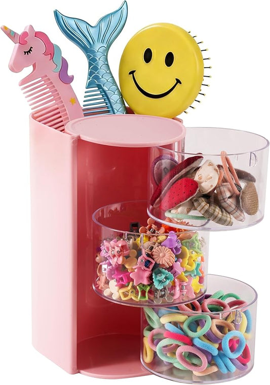 Hair Accessories Organizer with Hair Brush Holder, Rotating Makeup Brush Caddy for Girls Women, 3-Tier Clear Storage for Hair Clips, Ties, Jewelry & Necklaces, Pink