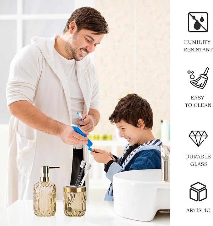 Glass Bathroom Accessories Set, 2PCS Clear Glass Bathroom Accessory, Toothbrush Holder and Soap Dispenser Set for Modern Bathroom Decor(Brown)