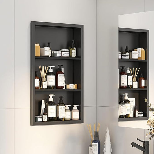 Bathroom Medicine Cabinet Recessed,14x24 Black Shower Niche for Shower Wall,Surface Mount Medicine Cabinet Replacement Shelves,Recessed Wall Niche for Over Toilet Storage/Living Room/Hallway