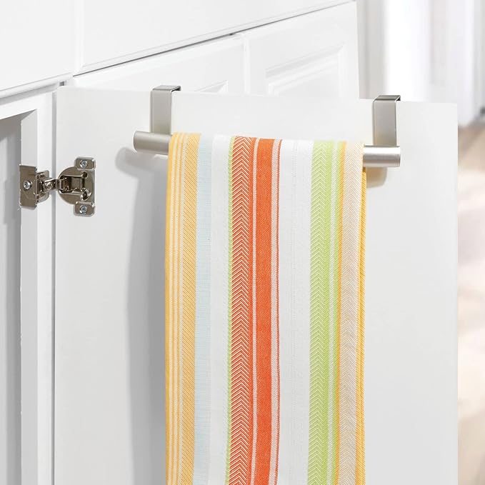 mDesign Steel Over Door Curved Towel Bar Storage, Hanger for Cabinet or Cupboard, Holder Rack for Kitchen, Bathroom - Holds Hand/Dish Towels, Washcloths - Spira Collection - 2 Pack - Satin
