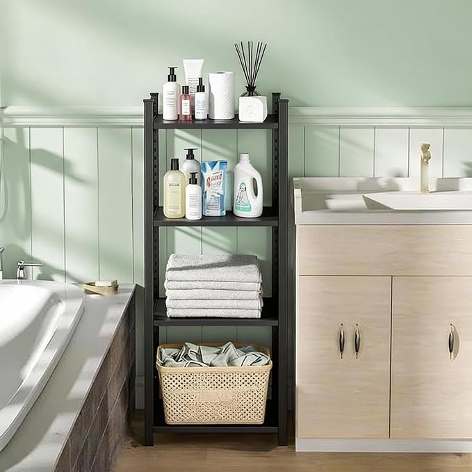 4-Tier Bathroom Storage Shelves, Adjustable Bathroom Organizers and Storage Stand, Heavy Duty Metal Shelving Unit , Classic Open Floor Utility Shelf for Laundry ,Kitchen,Living Room (12"D*14"W*44"H)
